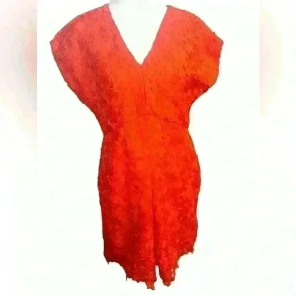 Banana Republic Size 8 Orange Lace Pleated Short Sleeve V-Neck Sheath Dress - Picture 3 of 10